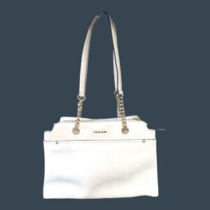 Calvin Klein White Purse Pocketbook Chain Straps Key Item Saffiano Leather Tote